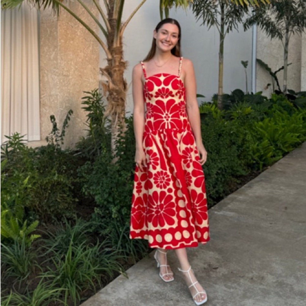 FARM Rio Red and Cream Floral Midi Dress